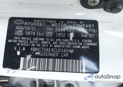 2012 Hyundai Accent Gs z USA, uszkodzony, nr VIN KMHCT5AE4CU016044